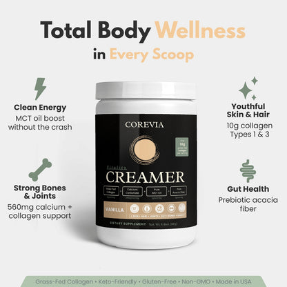 Vitality Creamer | Grass-Fed Collagen Powder with MCT for Coffee | 10g Collagen, 560mg Calcium, Prebiotic Fiber | Keto-Friendly, Made in USA