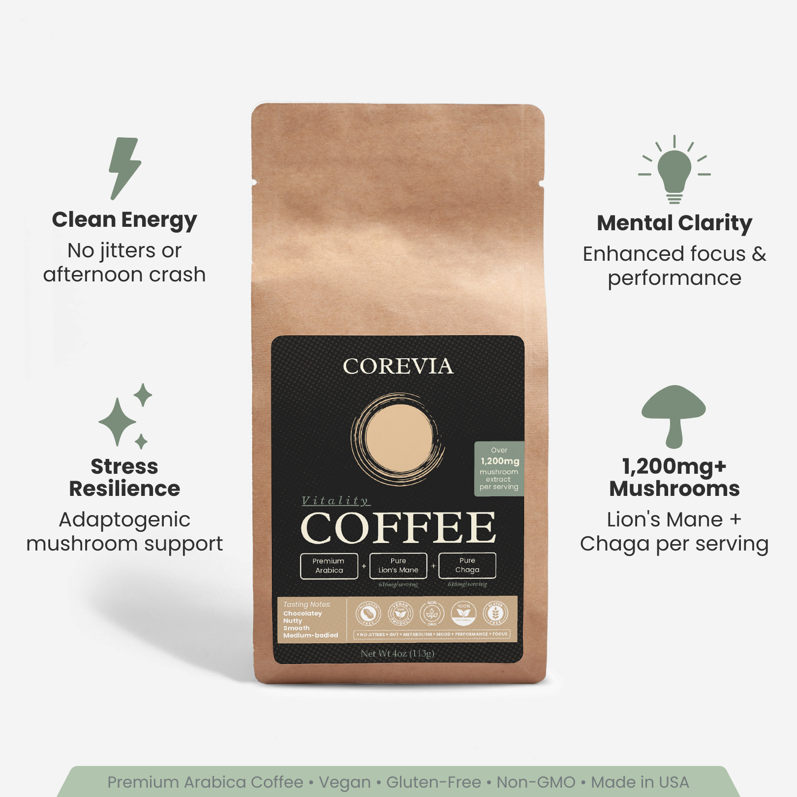 Vitality Coffee | Functional Mushroom Coffee with Lion's Mane & Chaga | 1,200mg Adaptogenic Mushrooms | 4oz | Non-GMO, Made in USA