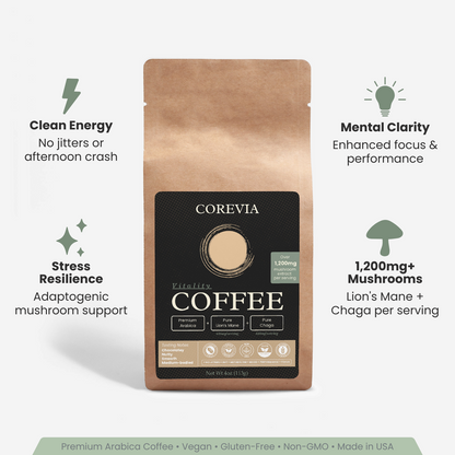 Vitality Coffee | Functional Mushroom Coffee with Lion's Mane & Chaga | 1,200mg Adaptogenic Mushrooms | 4oz | Non-GMO, Made in USA