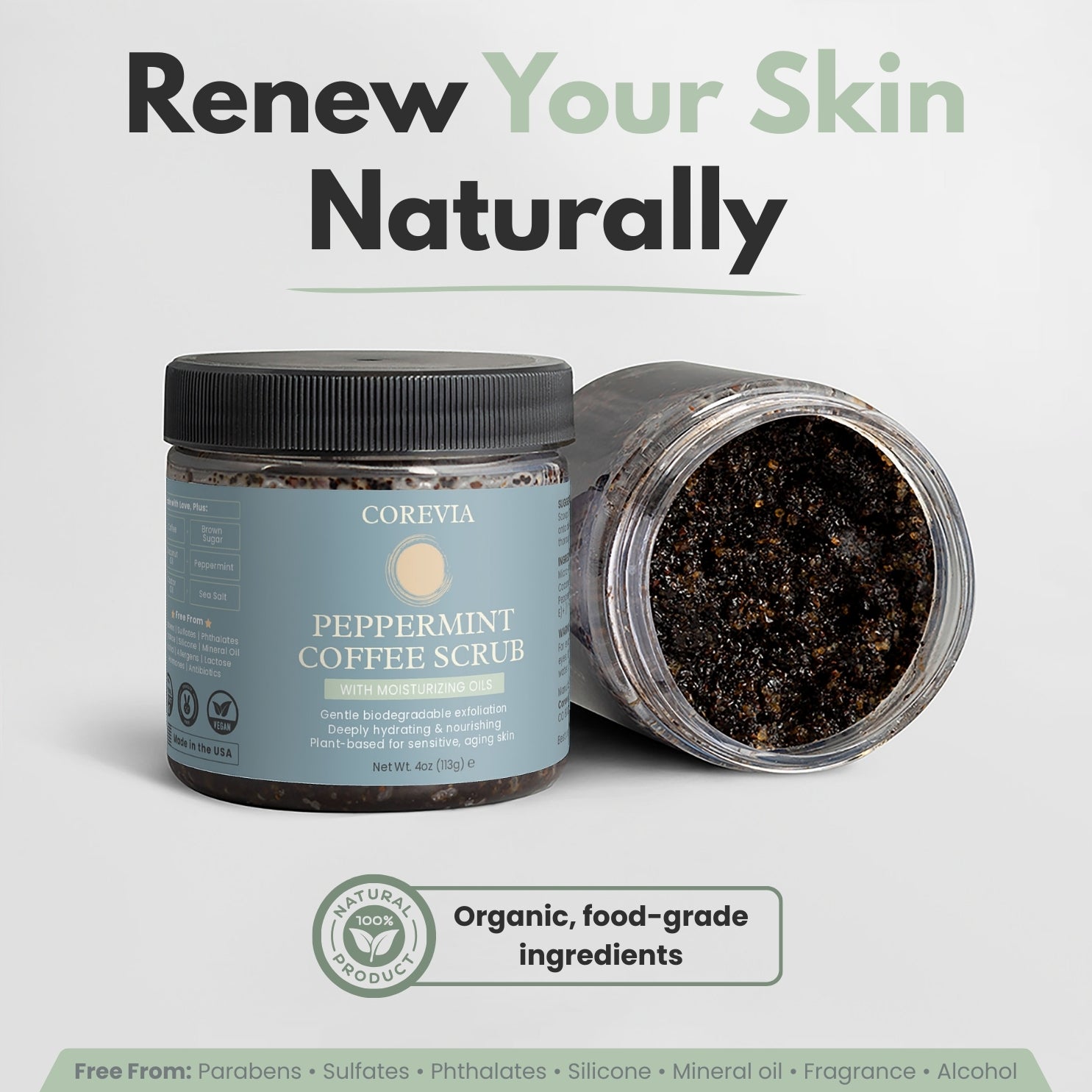 Peppermint Coffee Scrub | Natural Body & Face Exfoliator for Smooth Skin | 4 oz | Vegan, Cruelty-Free, Made in USA