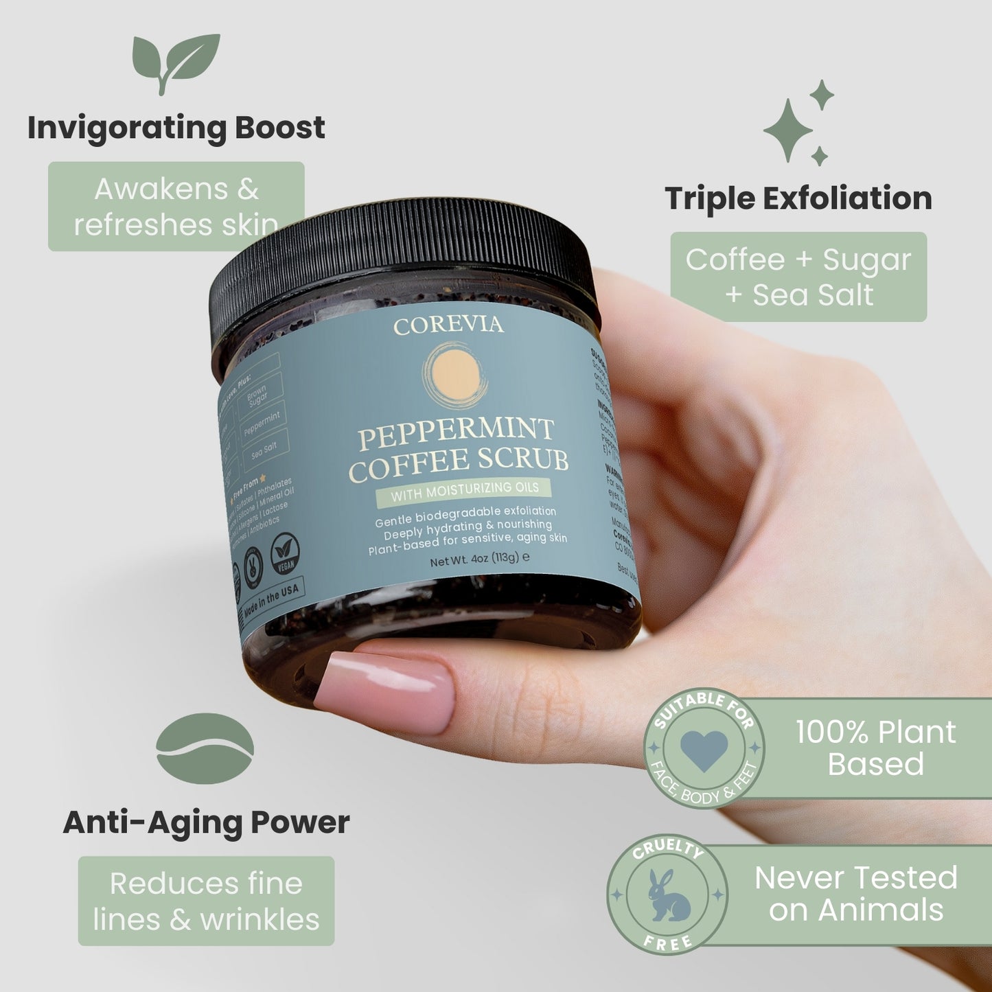 Peppermint Coffee Scrub | Natural Body & Face Exfoliator for Smooth Skin | 4 oz | Vegan, Cruelty-Free, Made in USA