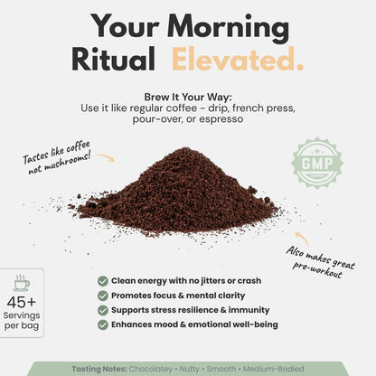 Vitality Coffee | Functional Mushroom Coffee with Lion's Mane & Chaga | 1,200mg Adaptogenic Mushrooms | 16oz | Non-GMO, Made in USA