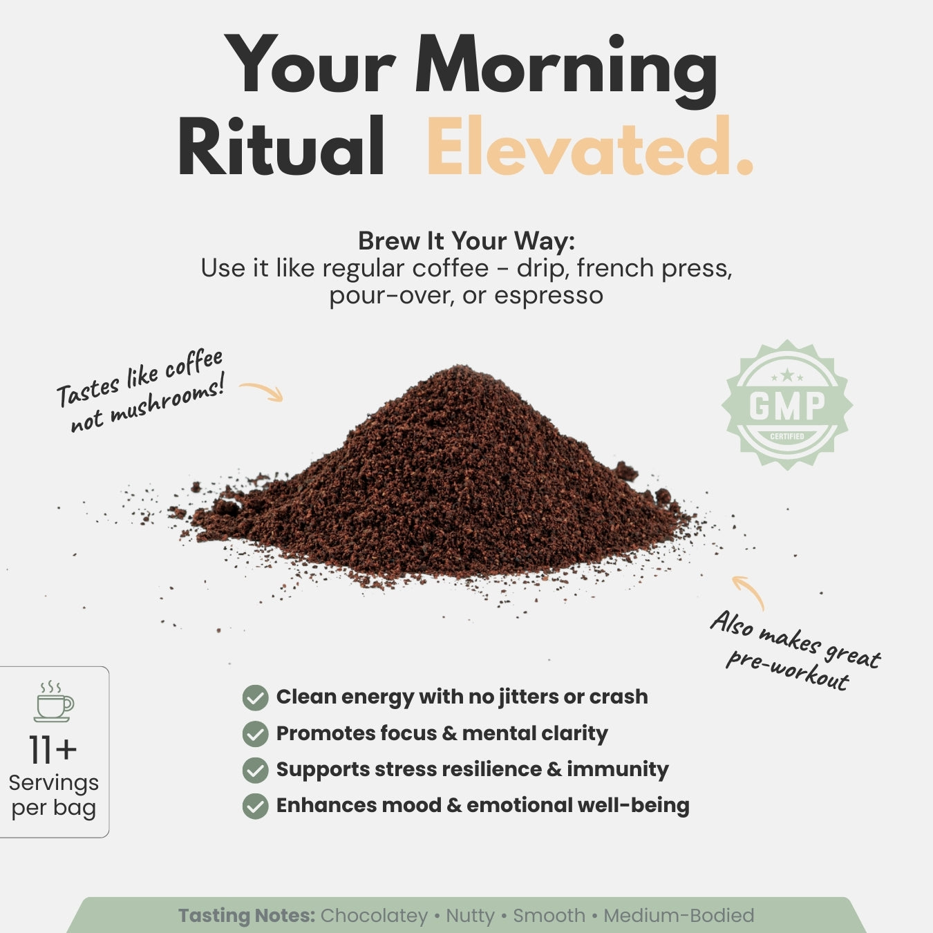 Vitality Coffee | Functional Mushroom Coffee with Lion's Mane & Chaga | 1,200mg Adaptogenic Mushrooms | 4oz | Non-GMO, Made in USA