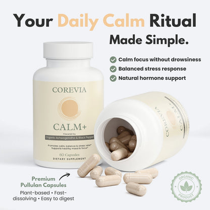 Calm+ | Organic Ashwagandha Supplement for Cortisol & Stress Support | 60 Capsules | Non-Drowsy, Vegan, GMP Certified, Made in USA