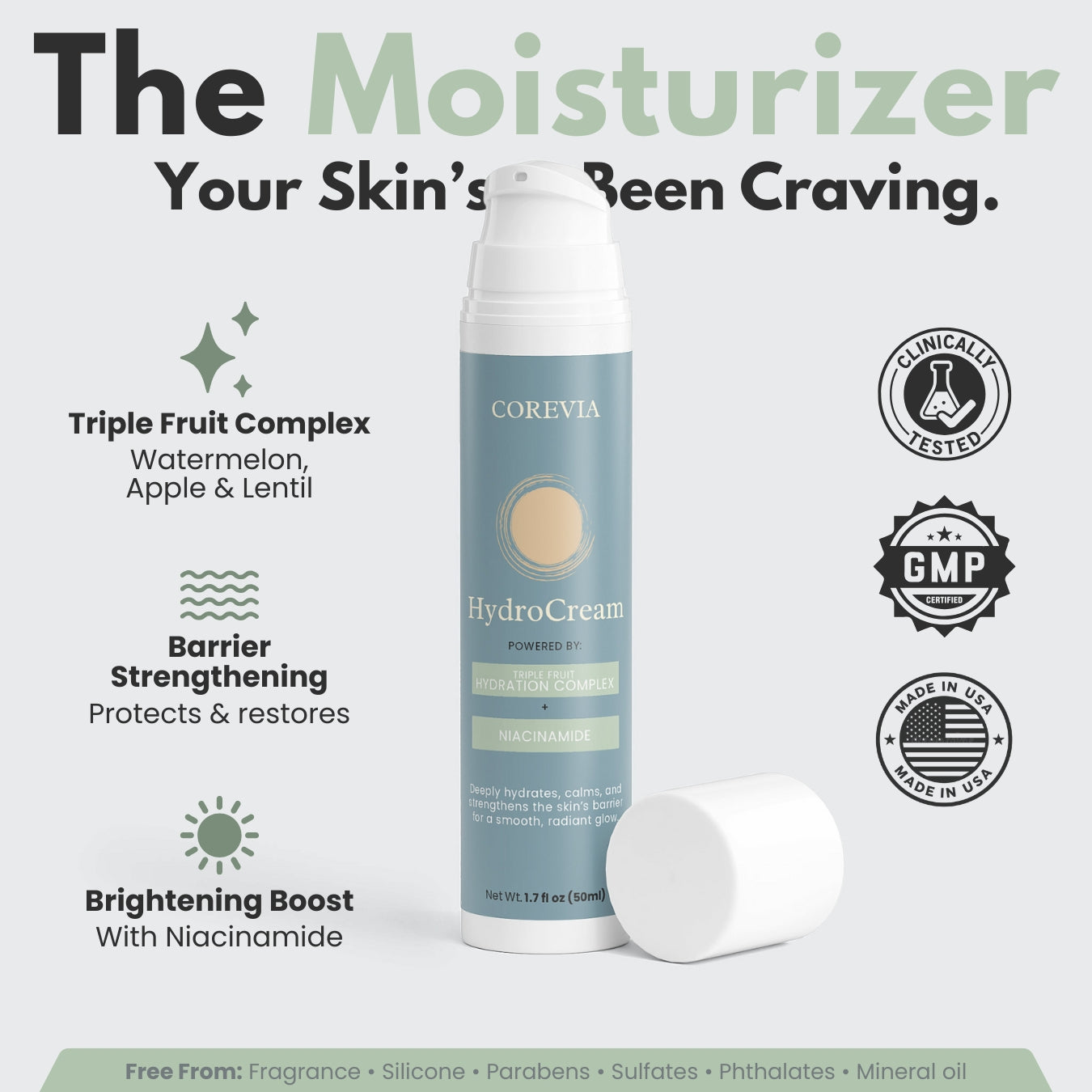 HydroCream | Triple-Fruit Hydration Complex™ Face Moisturizer for Dry Skin | 1.7 oz | Cruelty-Free, Made in USA